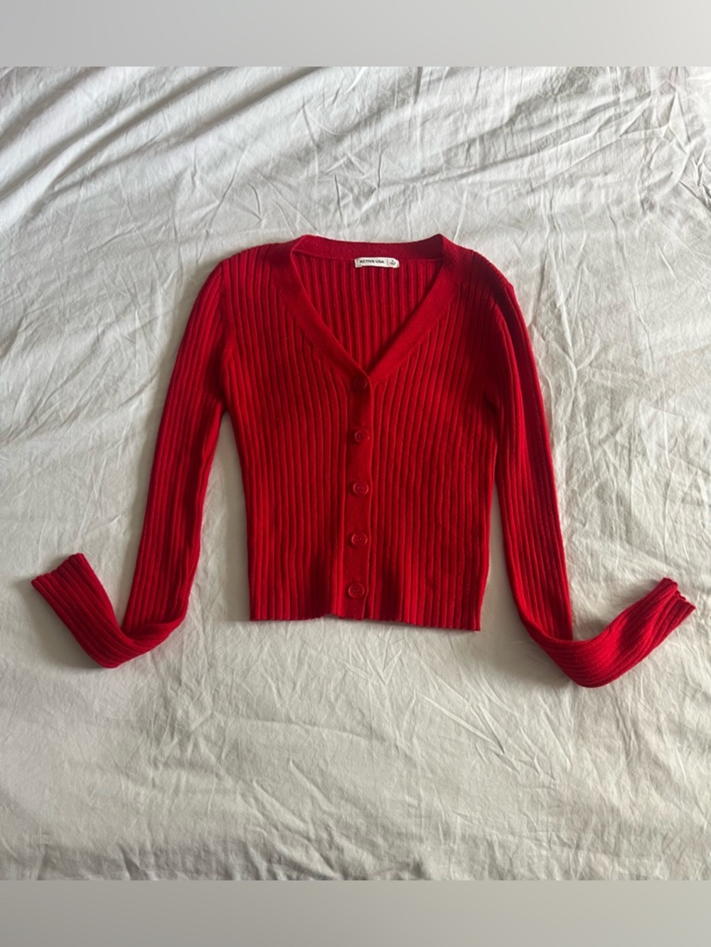 Active USA Red Ribbed V-Neck Button Cardigan - Picture 7 of 9
